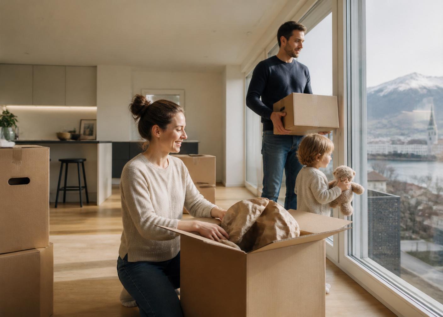 An expat family unpacking in a Swiss apartment