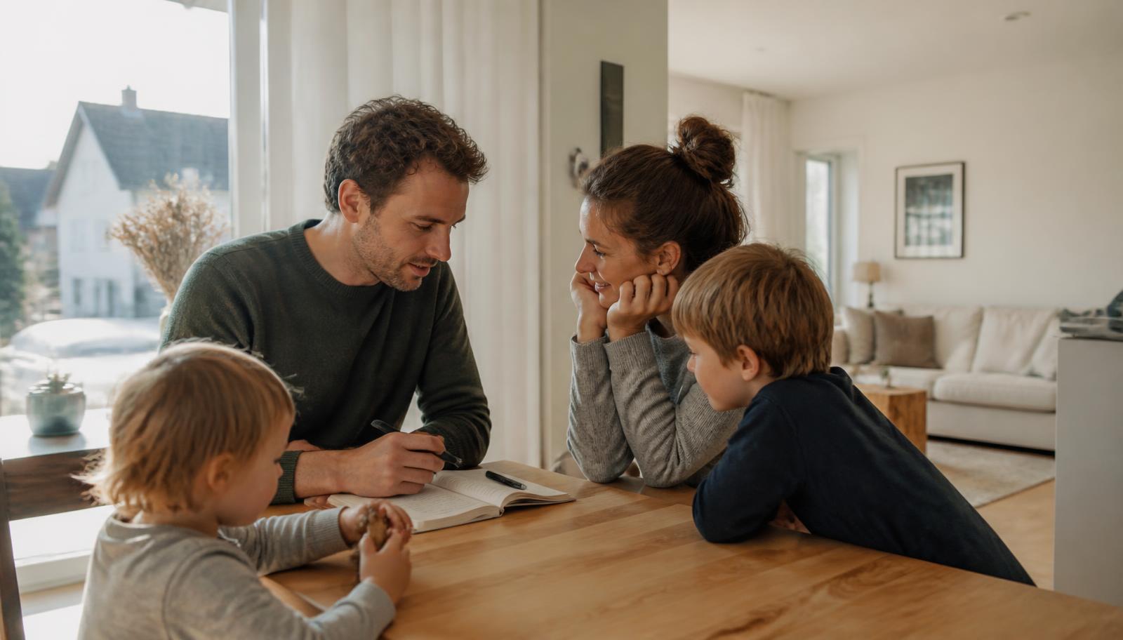 Parents and two children together at a wooden table in a bright Swiss family home